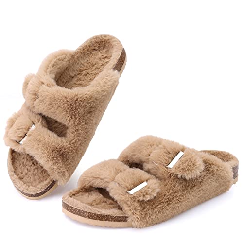 KIDMI Fuzzy Slippers Women with Cork Footbed Fluffy Slides Open Toe Indoor House Shoes | Arch Support | Adjustable Buckles, Khaki 8-8.5