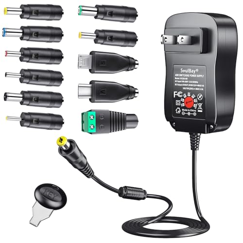 SoulBay 48W Universal AC Adapter DC 5V 6V 7.5V 9V 12V 15V 19V 20V Switching Power Supply 100-240VAC Input US Plug Transformer with 11 Tips for Household Electronics, USB-C & 5.5 * 2.1mm Included