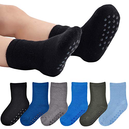 JORMATT 6 Pairs Toddler Thick Thermal Crew Socks Boys Warm Fleece Socks Girls Cute Slipper Socks with Non Slip Girps,2-4 Years L