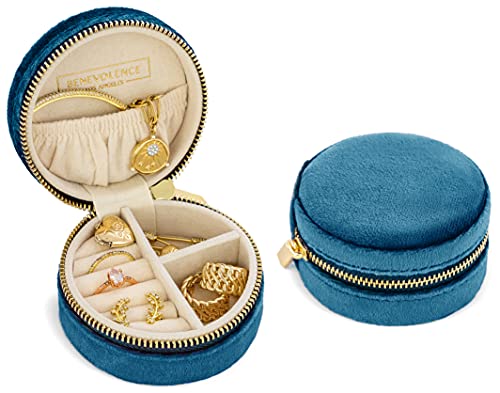 Benevolence LA Plush Velvet Travel Jewelry Box Organizer, Mini Travel Jewelry Case, Jewelry Travel Organizer, Travel Jewelry Organizer, Small Jewelry Box Travel, Jewelry Travel Box - Ocean Blue