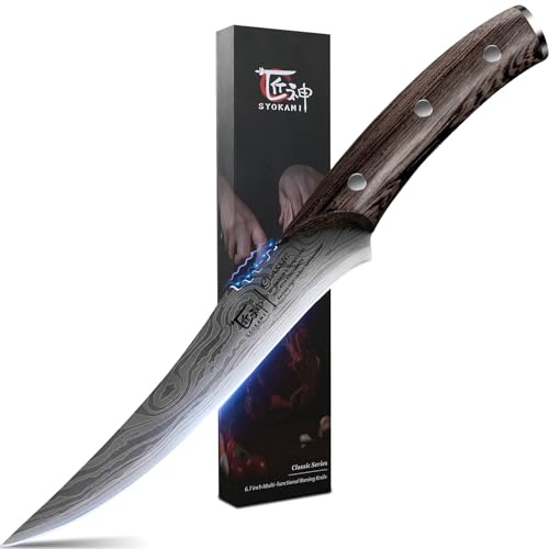 SYOKAMI Boning Knife For Meat Cutting, 6.7 Inch Japanese Style Fillet Knife With Wood Handle, High Carbon Razor Sharp Flexible Blade Deboning Knife, Damascus Pattern Full Tang Design Ideal For Gift