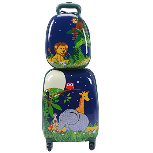 GYMAX Kids Carry On Luggage Set, 12' & 16' 2PCS Rolling Suitcase (Giraff)