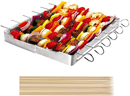 UNICOOK Heavy Duty Stainless Steel Barbecue Skewer Shish Kabob Set, 6pcs 13'L Skewer and Foldable Grill Rack Set, Durable and Reusable, Bonus of 50pcs 12.5'L Bamboo Skewers for Party and Cookout