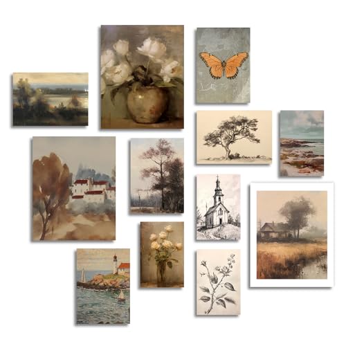 Dazzlewall Vintage Rustic Wall Decor Poster French Country Flower Tree Butterfly Wall Poster for Farmhouse Bedroom Living Room Decor Set of 12