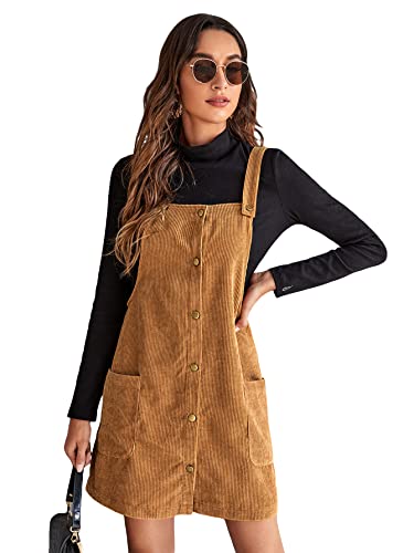 Floerns Women's Corduroy Button Down Pinafore Overall Dress with Pockets Brown L