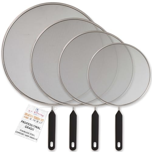 U.S. Kitchen Supply Set of 4 Classic Splatter Screens, 13', 11.5', 10', and 8' - Stainless Steel Fine Mesh, Comfort Grip Handles - Use on Boiling Pots Frying Pans - Grease Oil Guard, Safe Cooking Lid