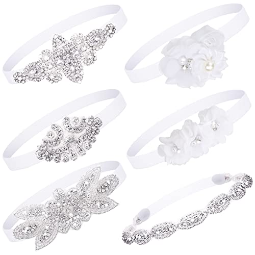 Juinte 6 Pcs White Baptism Headband for Baby Girl Toddler Elastic Chiffon Flower Crystal Lace Headbands Christening White Baby Baptism Headband Gifts Birthday Baby Shower Party(Vivid Style)