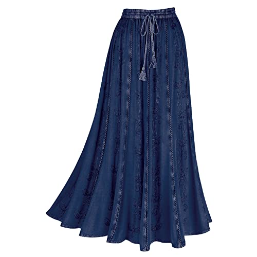 CATALOG CLASSICS Women's Floral Embroidered Maxi Skirt- Over-Dyed Long Peasant Skirt, Ankle Length Denim Blue -Large