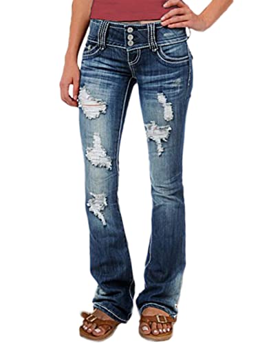 Flamingals Low Rise Jeans Women Ripped Bootcut Stretch Jeans Button Up Trendy 2023 Blue M