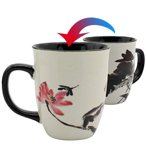 Asmwo Funny Ceramic Magic Heat Color Changing Art Coffee Tea Mug Lotus Printing Porcelain Mugs for Women Personalized White Green Tea Cup 16 oz Large Coffee Mug for Mom Girl Grandma And Man