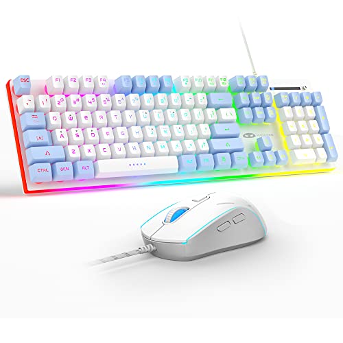 MageGee Gaming Keyboard and Mouse Combo, True RGB Backlit Membrane Office Keyboard, 104 Keys Metal Panel USB Quiet Wired Keyboard for Windows Laptop PC - White/Blue