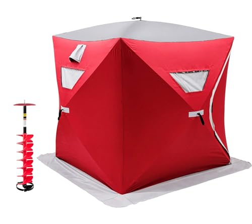 VEVOR Ice Fishing Shelter, 3 Person Ice Fishing Tent, Pop up Ice Shanty Insulated Tent with Carrying Bag, Ice Anchors and Free High End Ice Drill Auger(8 inch Diameter)