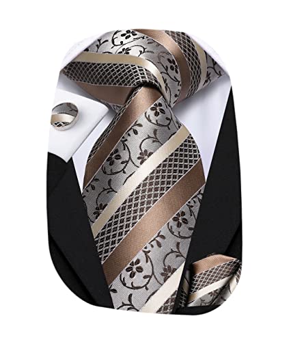 Hi-Tie Khaki Floral Tie Woven Silk Stripe Brown Necktie Wedding Set with Pocket Square Cufflinks