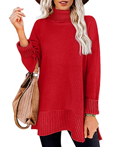 Christmas Sweaters for Women Turtleneck Soft Loose Fit Side Split Tops Red XXL