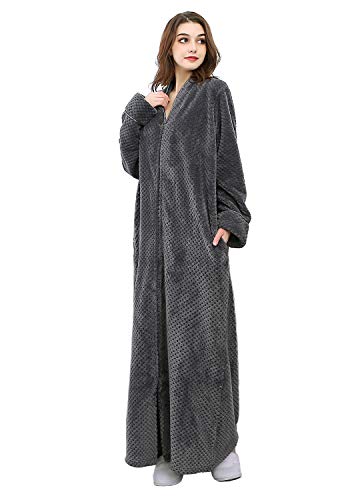 Artfasion Womens Fleece Robe Plush Long Zip Front Bathrobe with Pockets Warm Soft Zippered Bathrobes for Women