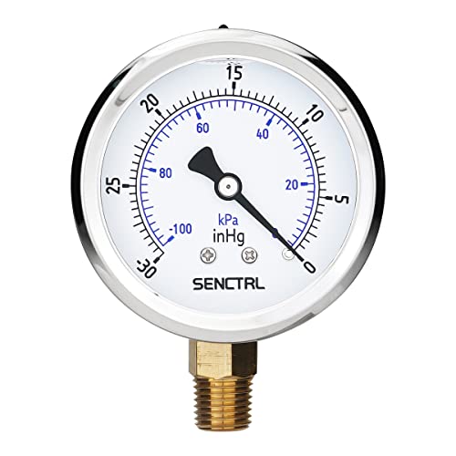 SENCTRL 30 inHg Vacuum Silicone Oil Liquid Filled Low Pressure Gauge, 2.5' Dial Size, 1/4' NPT Lower Mount, Stainless Steel Case, for Air Conditioning Manifolds, HVAC, Air Pump Vacuum Test