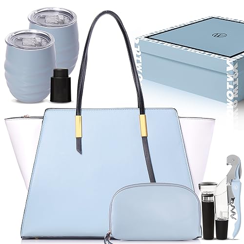 Open The Wine Gifts for Women - Accessories for Wine Lovers - Wine Purse Gift Set with Tumblers, Aerator, Stopper, Corkscrew - Unique Wine Tote Bag Carrier for Travel or Picnic (Light Blue & White)