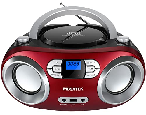 MEGATEK Portable CD Player Boombox with FM Radio, Bluetooth, and USB Port | Clear Stereo Sound | CD-R/RW and MP3 CDs Compatible | 3.5mm Aux Input and Headphone Jack | Backlit LCD Display - Cherry Red