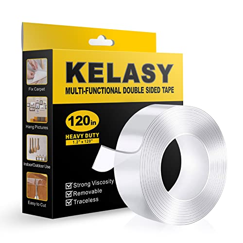 Kelasy Nano Double Sided Tape Heavy Duty,Extra Large Double Sided Tape,Strong Sticky Double Sided Mounting Tape,1.2' x 120',Clear Adhesive Wall Tape Poster Tape Picture Hanging Strips for Decoration