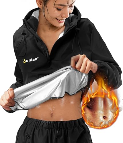 Junlan Sauna Suit for Women Sweat Sauna Pants Sweat Jacket Gym Workout Vest Sweat Suits for Women (A.Black Tops Only,Medium)