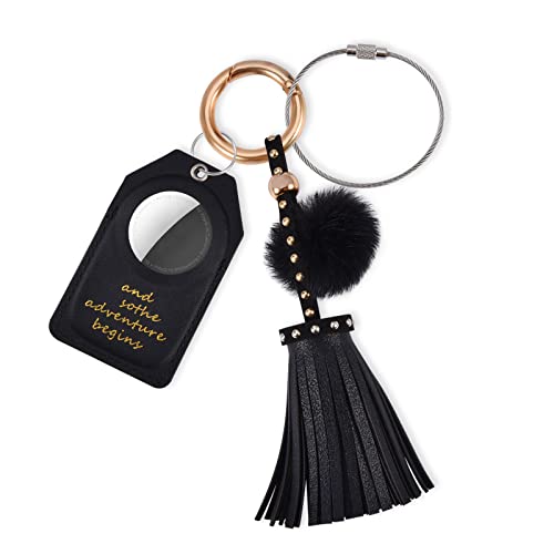 V-MORO Air Tag Case with Keychain Ring, Air tag Holder for Apple Airtags, Protective PU Leather Air Tag Accessory Track Cover with Tassel Mink Fur Balls for Dog Collar, Kids, Wallet(Black)