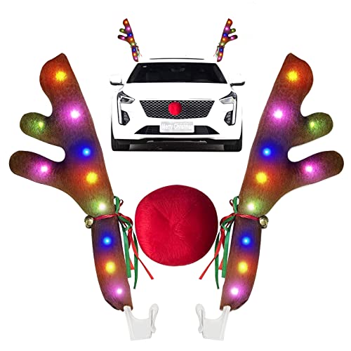 Car Christmas Reindeer Antler Decorations, Vehicle Christmas Car Decor Kit with Lights and Jingle Bells Rudolph Reindeer and Red Nose, Best for Car SUV Van Truck