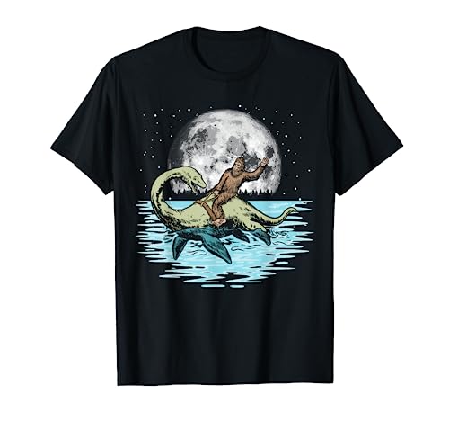 Funny Bigfoot Riding Nessie Loch Ness Monster & Full Moon T-Shirt