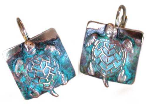 Sea Turtle Earrings - USA Made - Verdigris Patina Solid Brass