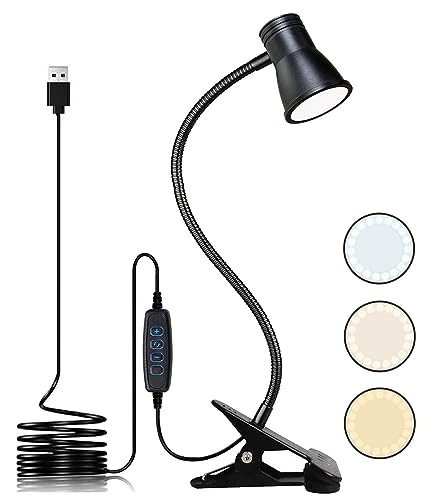 KNAMKY USB LED Desk Lamp Clip On Reading Light, 3 Light Mode 10 Dimmable Brightness Levels Book Light for Dorm Bed Headboard, Adjustable Flexible Neck Clamp Light, Perfect for Working Studying