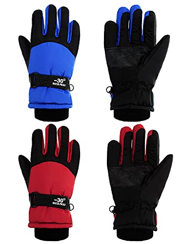 SATINIOR 2 Pairs Kids Waterproof Gloves Winter Warm Gloves Outdoor Thickening Ski Gloves Cold Weather Snowboard Gloves for Boys Girls (Red, Blue,6-10 Years)