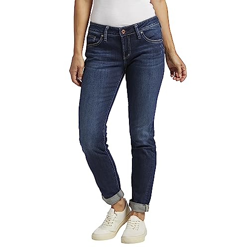 Silver Jeans Co. Women's Boyfriend Mid Rise Slim Leg Jeans, Deep Dark Indigo Wash, 31W x 29L