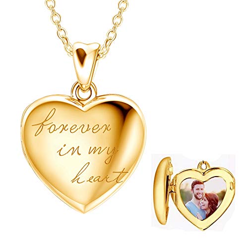 LONAGO Forever In My Heart Locket Necklace That Hold Two Pictures Personalized Heart Photo Locket Necklace Gift for Women (Locket + Photo (Gold))
