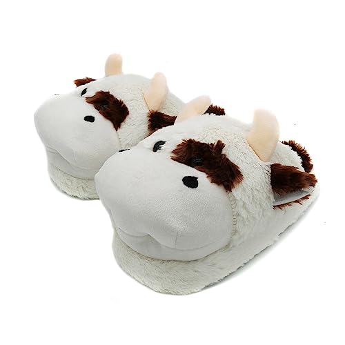 Onmygogo Fuzzy Animal Plush Slippers for Women and Men, Winter Indoor Home Scuff Slippers for Adult (Cow, 9-11)