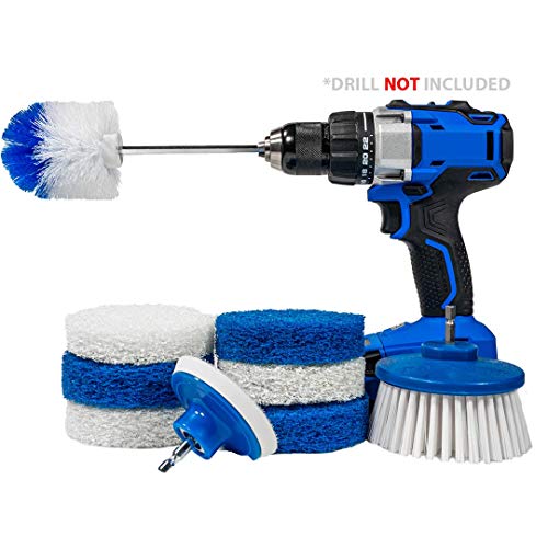 RotoScrub 9 Pack Multi-Purpose Home Cleaning Accessory Drill Kit, Bathroom Scrub Pads, Extended Reach Round Brush Attachment Set