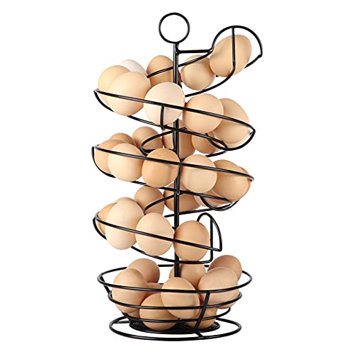 Black Metal Egg Skelter with Storage Basket, Spiral Design Egg Holder for Large Egg for Countertop, Kitchen