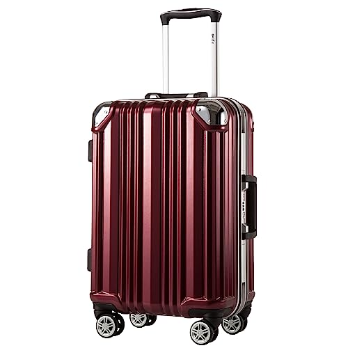 Coolife Luggage Aluminium Frame Suitcase TSA Lock 100% PC 20in 24in 28in (Wine red, M(24in))
