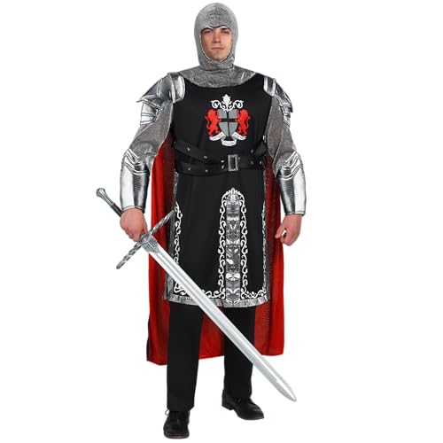Spooktacular Creations Black Men‘s Medieval Knight Costume with Armor Cape Tunic Hood, Adult Dragon Knight Costume-Standard