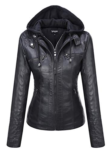 Springrain Women's Faux Leather Jacket Moto Biker Coat with Detachable Hood Motorcycle Jacket (Medium, Black)