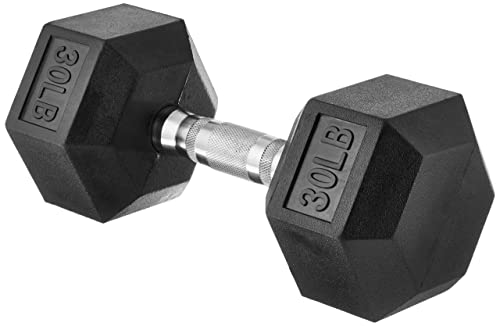 Amazon Basics Rubber Encased Exercise & Fitness Hex Dumbbell, Hand Weight For Strength Training, 30 Pounds, Black & Silver