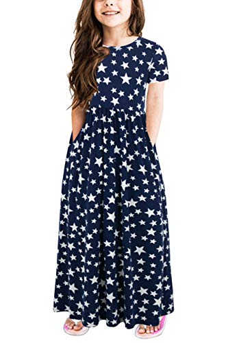 GORLYA Girl's Short Sleeve Floral Print Loose Casual Holiday Long Maxi Dress with Pockets 4-12 Years (9-10Years/Height:140cm, Navy Star)