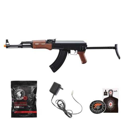 Lancer Tactical AK47 AEG Airsoft Rifle with Folding Stock - Metal Construction, High FPS, Battery and Charger Included (Black/Faux Wood) - 600 Round High Capacity Magazine