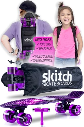 SKITCH Complete Skate Board for Kids 8-12 4-6-8-10 6-12 Year Old Beginner Girls Children Youth Gift Set 22 Inch Penny Board Mini Cruiser Bearing Pink Skateboards Backpack Skate Tool (Purple Galaxy)