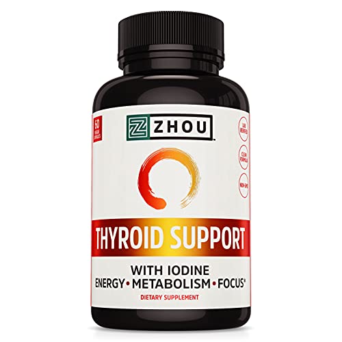 Zhou Thyroid Support Complex with Iodine Supplement, Increase Energy, Fight Brain Fog with Vitamin B12, Iodine, Magnesium, Zinc, Selenium, No Soy, Gluten-Free, 30 Servings, 60 Caps
