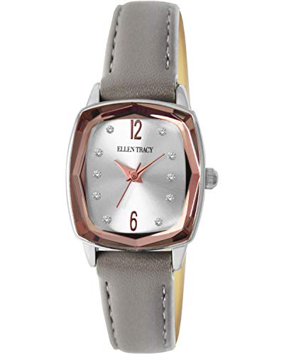Ellen Tracy Womens Rectangular Watch with Rhinestone Embellishment (Silver)