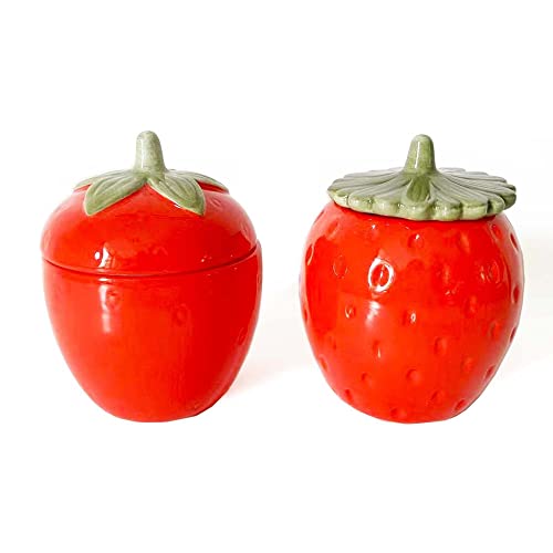 First of a Kind Summer Strawberry Ceramic Jars With Lids, Set of 2 Vintage Strawberry Farmhouse Jars With Lids, Ceramic Jar for Tea, Sugar & Flour Storage, 1376-SP