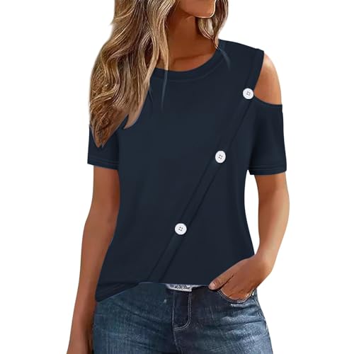 My Orders Womens Cold Shoulder Tops 2024 Summer Trendy Sexy Tunic T Shirts Dressy Casual Short Sleeve Crewneck Blouses Button Splicing Cotton Tees Plus Size Off The Shoulder Tshirt