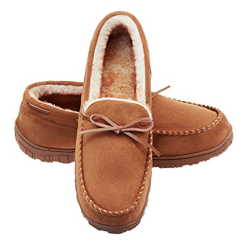 LA PLAGE Men's Moccasin Slippers Memory Foam Warm Plush House Slippers, Indoor Outdoor Comfortable Winter House Shoes 12 US Brown