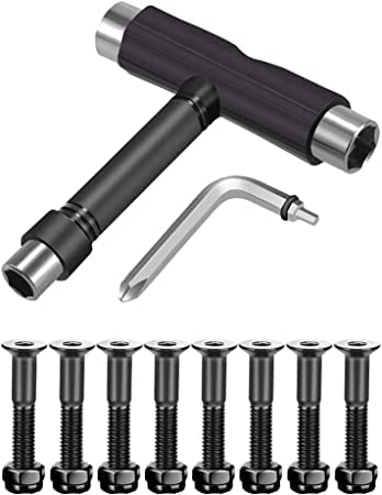 Hooceen Skateboard Hardware 8PCS Bolts Set and All-in-One Skate Tools Portable Skateboard T Accessory with Tool L-Type Phillips Head Wrench Screwdriver (Black)