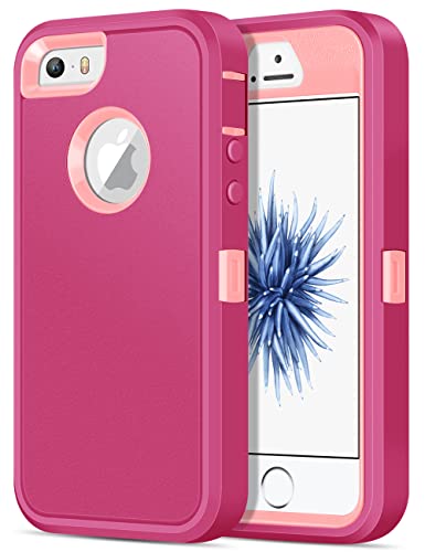 Jelanry iPhone 5S Case Heavy Duty Armor for iPhone 5 Dual Layer Protective Shell iPhone SE 2016 Case Shockproof Sports Rugged Phone Case Anti-Scratch Back Cover Non-Slip Bumper Hybrid Case, Rose/Pink