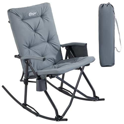 PORTAL Folding Rocking Chair Indoor & Outdoor Thick Padded Rocking Recliner Chair Portable Camping Rocker for Patio Front Porch Backyard Lawn Living Room, Supports 400 LBS，Grey